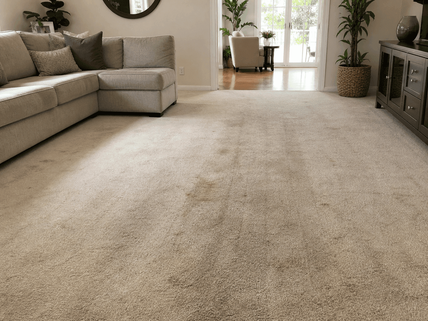 Before and after carpet cleaning result in a Perth living room